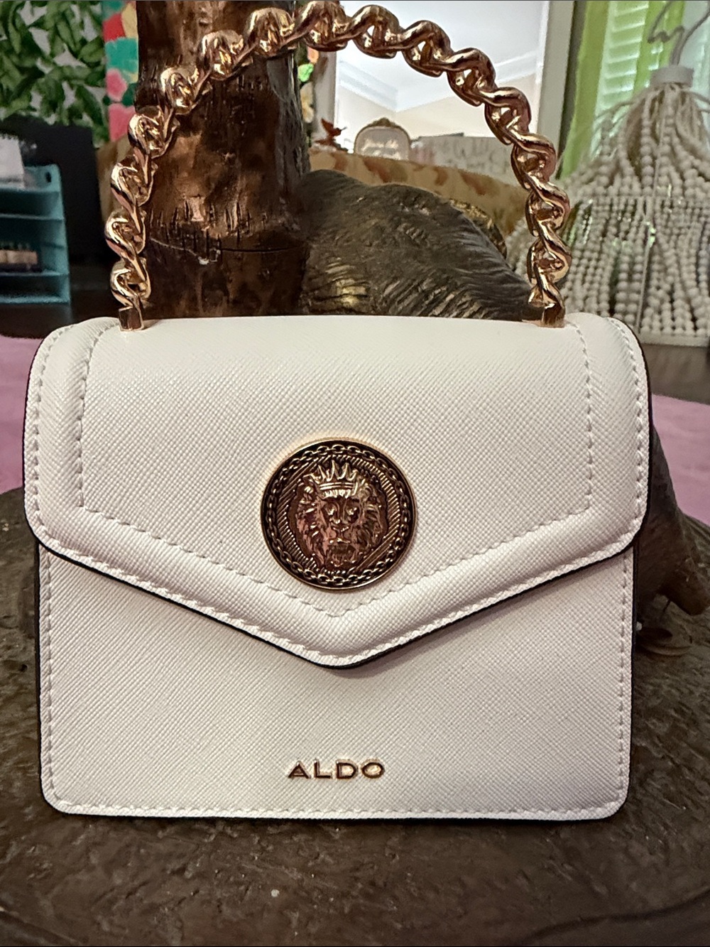 Aldo White Mini Top-Handle Bag with Gold Medallion